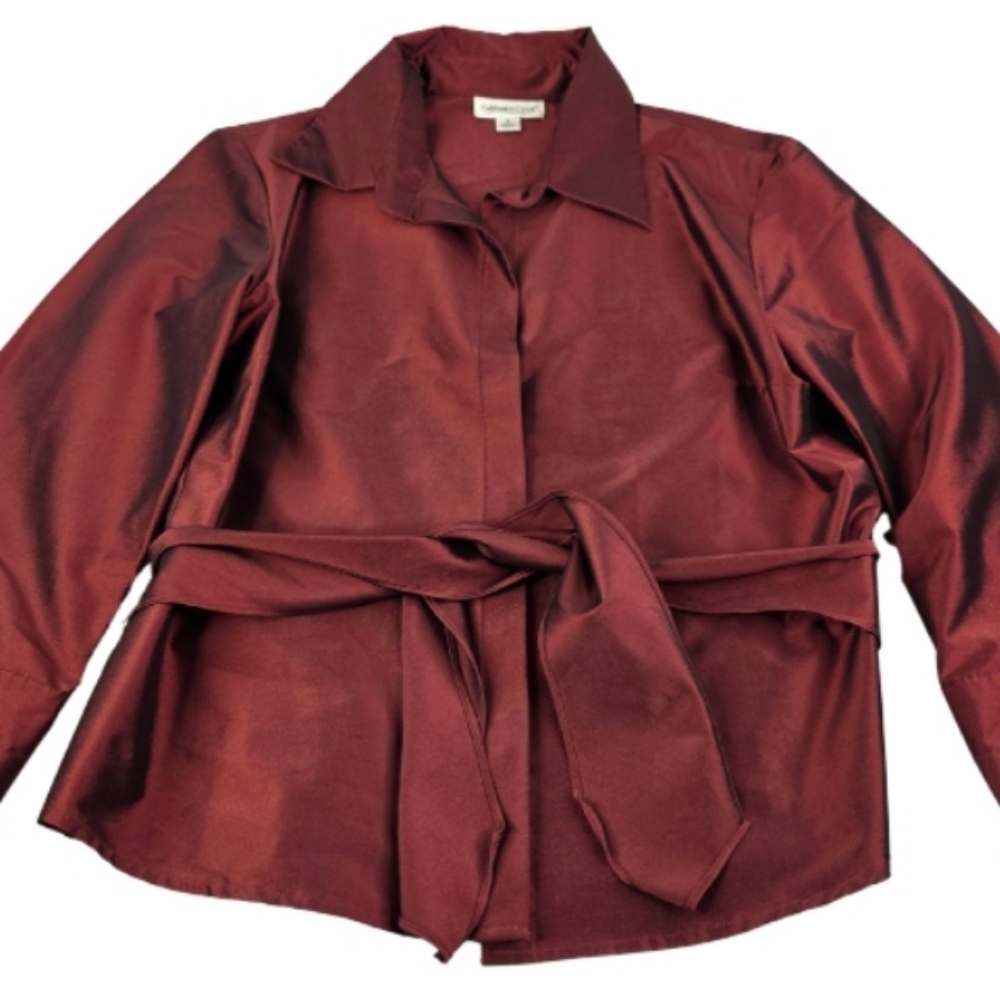 Coldwater Creek Sz 8 Burgundy Tied Blouse Button Front Faux Silk Sheen CK-2542